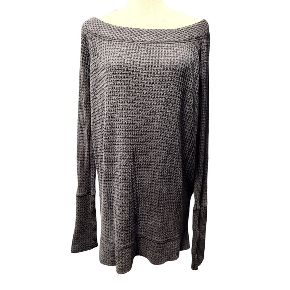 Free People Kate Thermal Off-Shoulder Waffle Knit Long Sleeve Top Size L Black